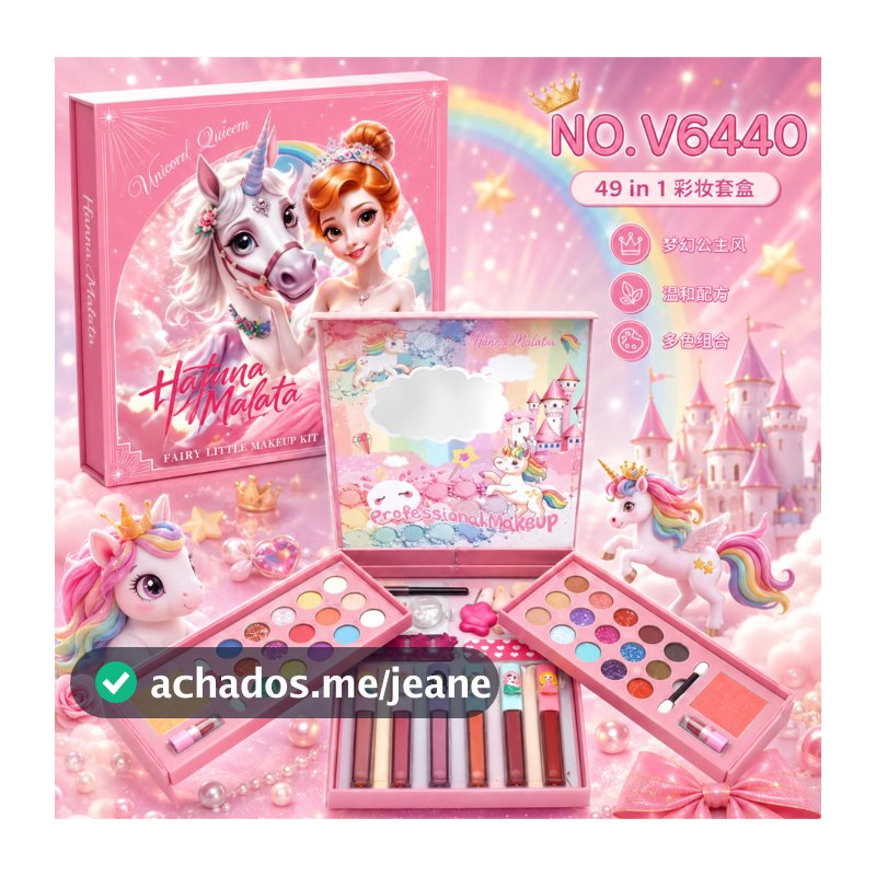 Maleta de Maquiagem Infantil 49 em 1 Princesa & Unicórnio Paleta Kit Completo Com Espelho