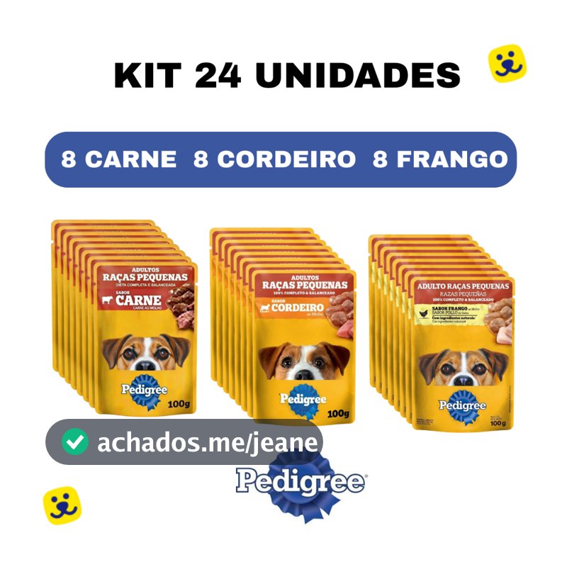Kit 24 Sachê Pedigree 100g Cachorro Adulto Raças Pequenas Ração Úmida 8Carne + 8Frango +8Cordeiro