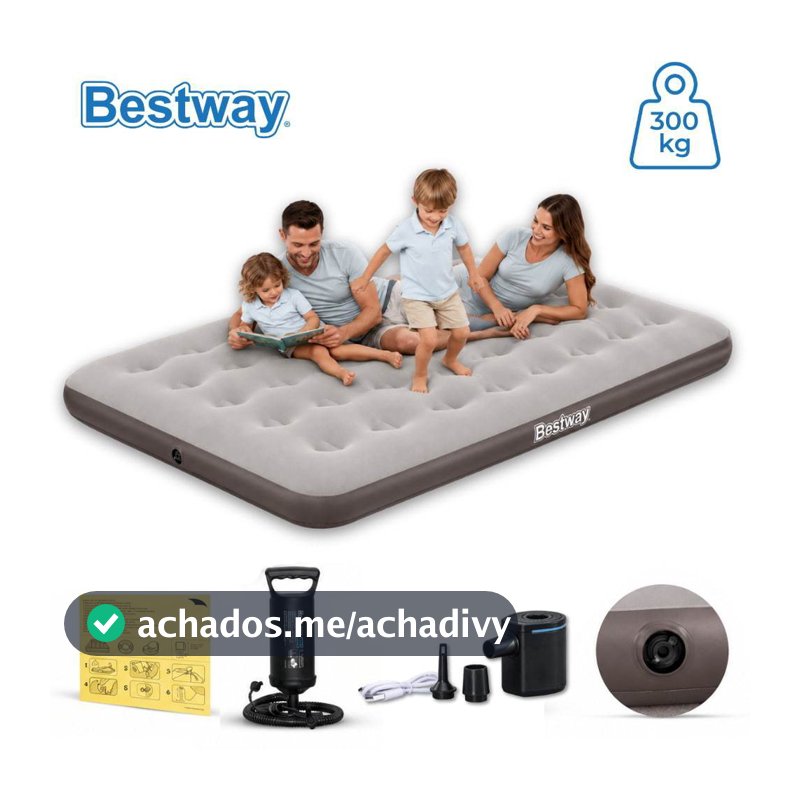 Colchão Inflável Bege Suporta 300kg Casal Camping Praia + Bomba de Ar Manual Bestway