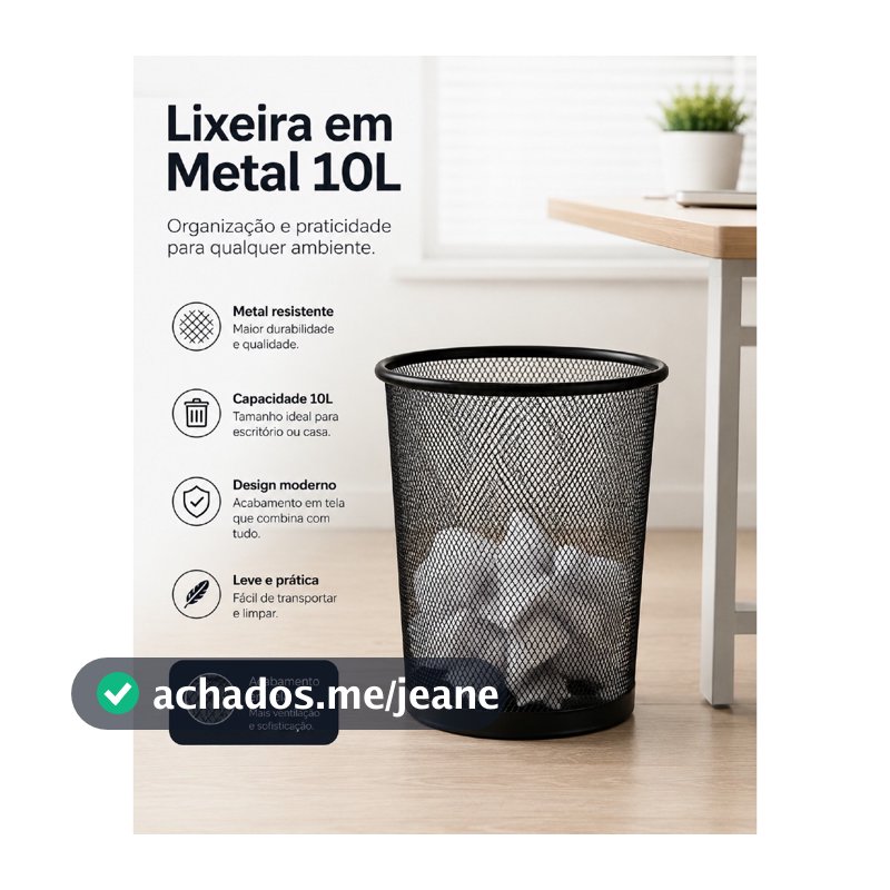 Lixeira de Metal 10L Aramada Preta  Estrutura Telada com Ventilação Natural Design Clean Escritório Quarto