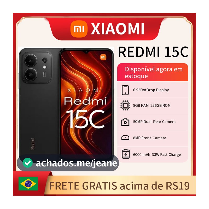 Celular Xiaomi Redmi 15C Dual SIM de 256GB 8GB RAM de 6.9" 50MP 8MP Bateria 6000mAh, Proteção IP64 Lançamento 2025