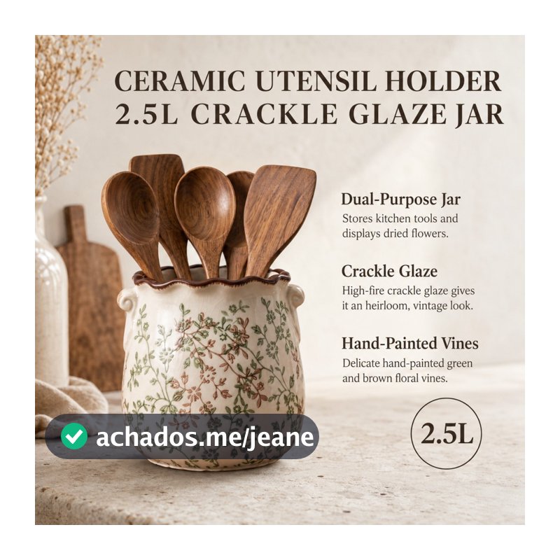 Frasco De Armazenamento De Cerâmica Vintage Crackle Esmalte Aro Recortado Pintado À Mão Videiras Florais Multiuso Suport