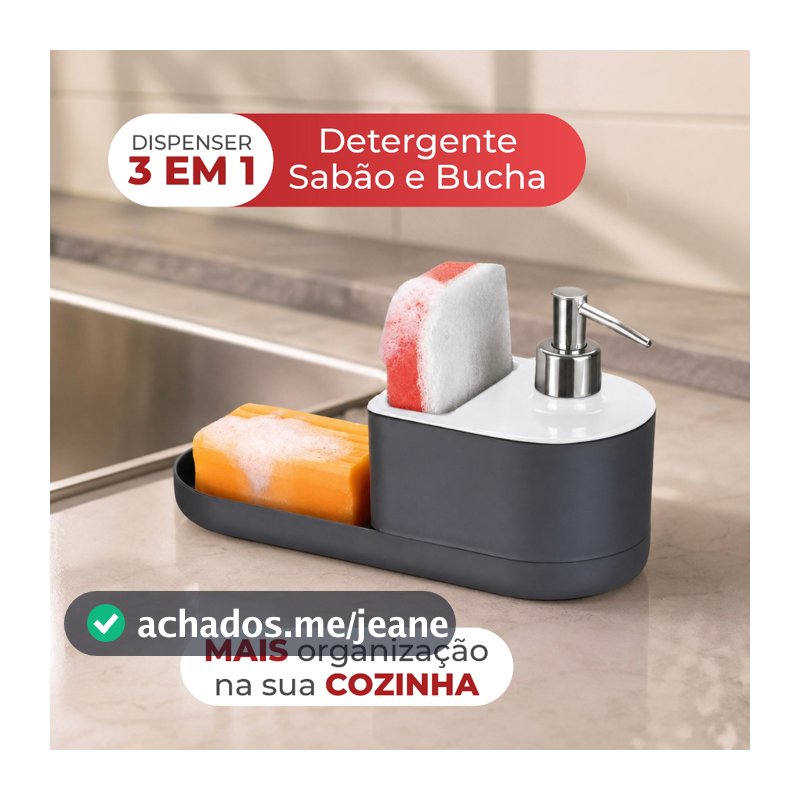 Dispenser Porta Detergente Bucha Esponja E Sabão Em Barra Pedra Para Pia E Bancada com Dosador Arthi