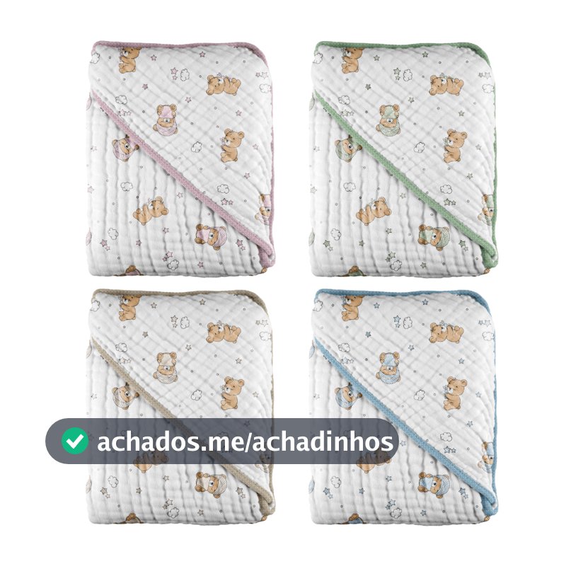 Toalha com capuz Soft Ursinho 68x68cm 100% Algodão Dupla Camada Macia Inconfral Enxoval de Bebe