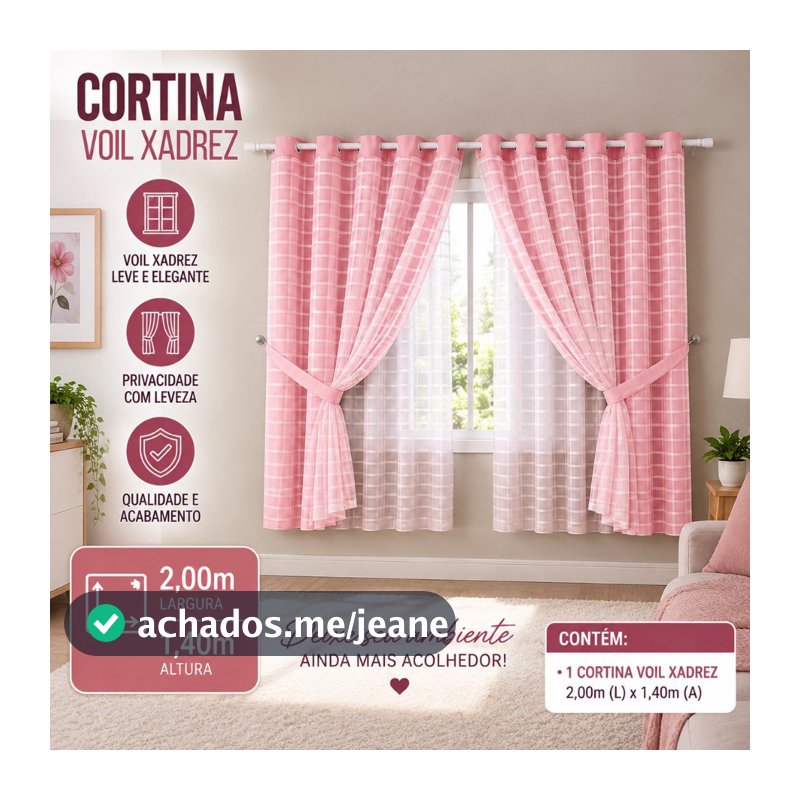 Cortina Com Blackout 2,00m x 1,40m PVC c/ Tecido Voil Xadrez Varias Cores Janela Quarto Sala