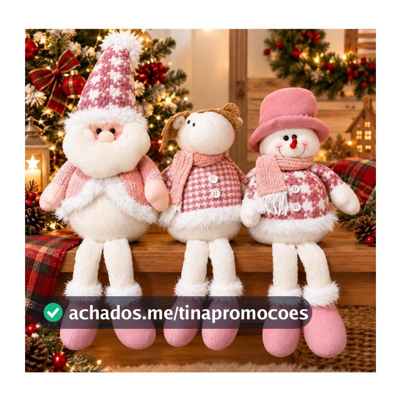 Papai Noel Boneco de Neve Rena Rosa Grande Pernas Molinhas Rosinha Enfeite Arvore de Natal Decorativo Pelucia Luxo Decor