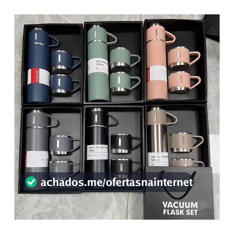 caneca Kit Garrafa Térmica Vacuum Bottle Inox 500ml + 3 Xícaras Bebidas Fria ou Quente