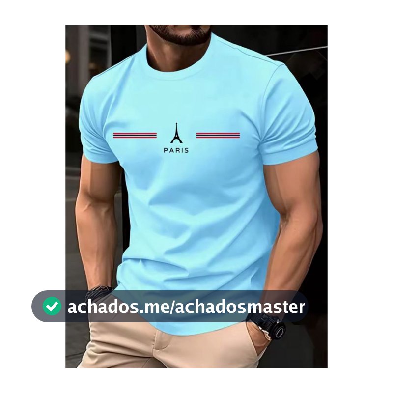 Camiseta Masculina 100% Algodão Paris Torre Listras Camisa Casual Manga Curta Várias Cores