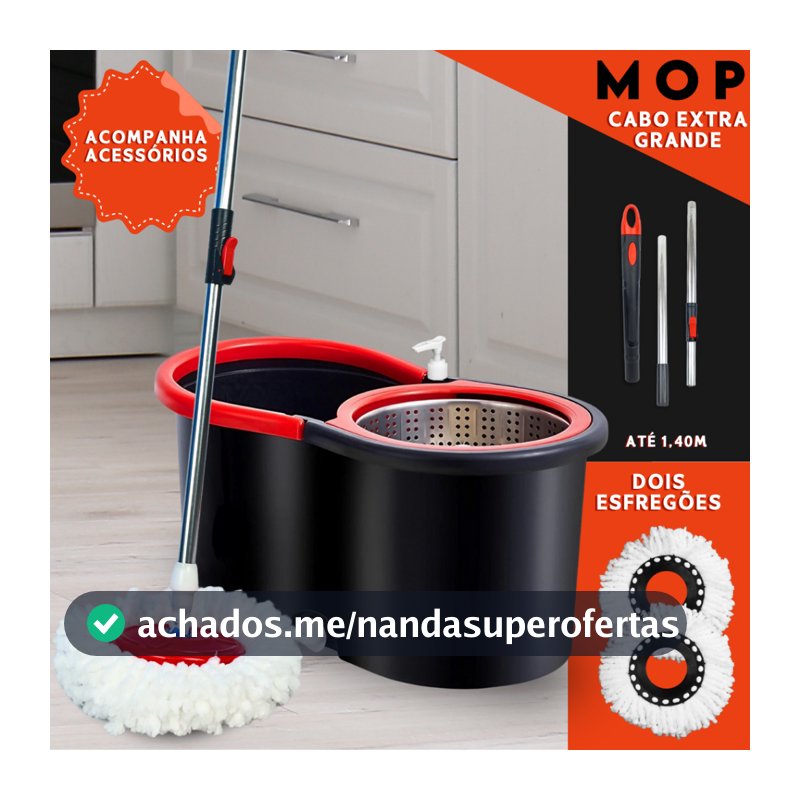Mop Giratório 360 Cabo 140cm Balde Centrífuga Cesto Inox 14L 2 Refis Microfibra Esfregão Spin