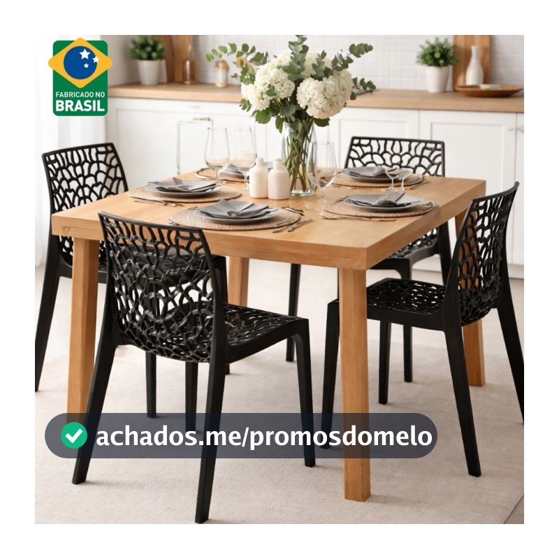 Kit 4 Cadeira de Jantar Gruvyer Preta Moderna Resistente com proteção UV Cozinha Jardim e Área Gourmet Igreja