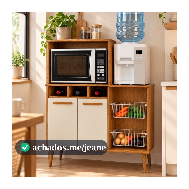 Armário Balcão Fruteira Multiuso para Cozinha 2 Portas Nichos Cestos Microondas Bebedouro Mini Adega