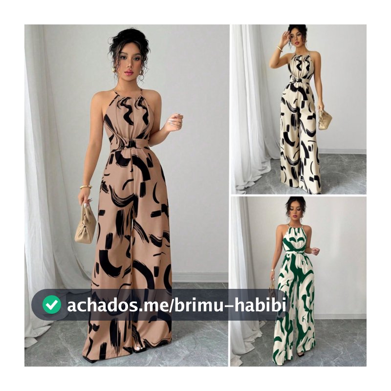 Macacão Feminino Longo Elegante Ombro Pernas Largas e Cintura com Laço Estampa Abstrata
