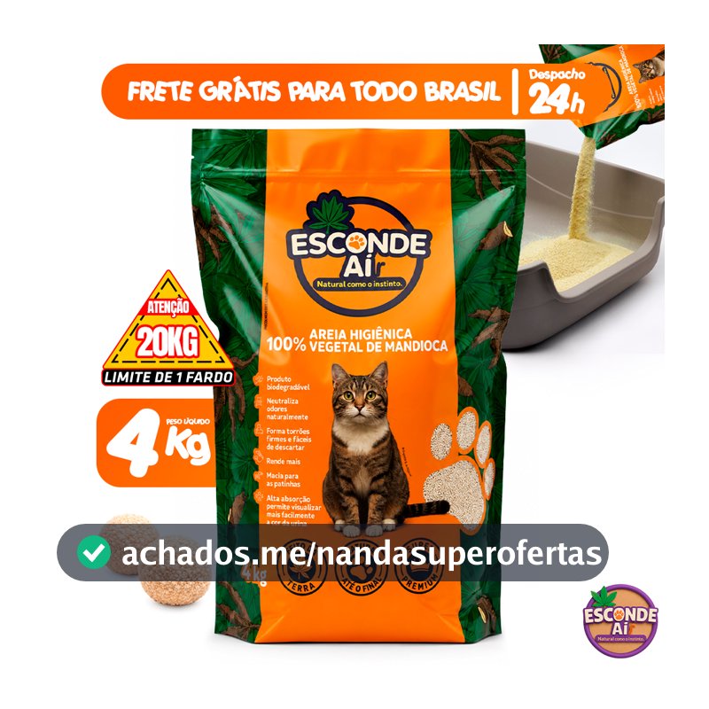 Areia Higiênica de Mandioca Biodegradável Esconde Aí 4KG a 16KG Granulado Sanitário de Gato Natural