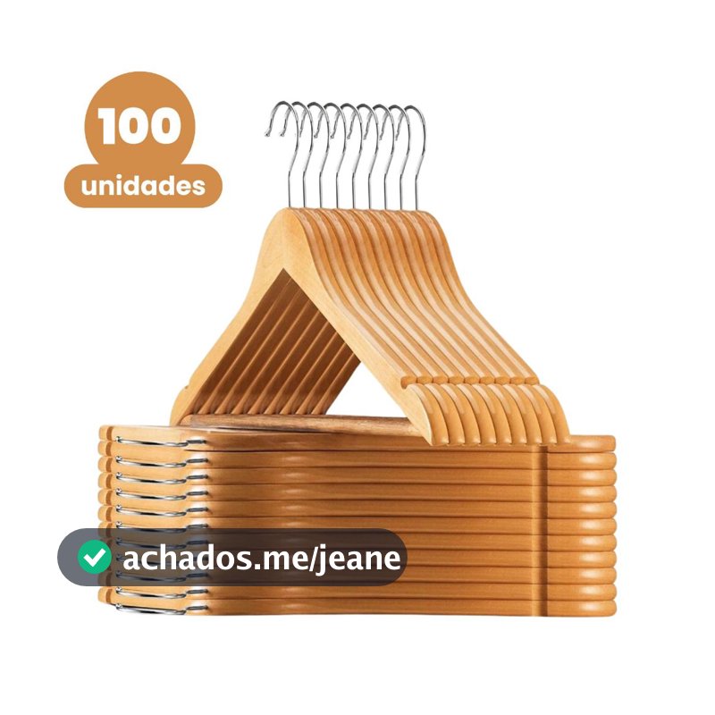 Kit 100 Cabides De Madeira Marfim Para Roupas Calça Gancho Cromado