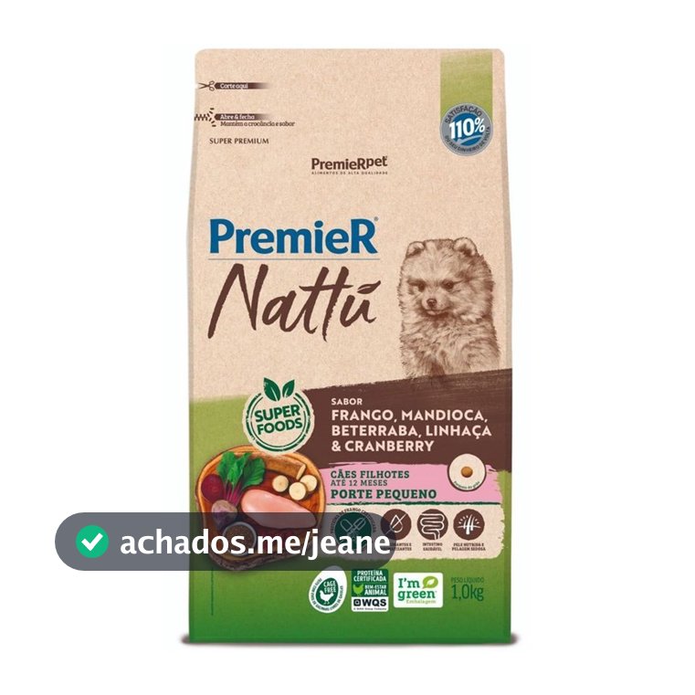 RAÇÃO PREMIER NATTU CÃES FILHOTES PORTE PEQUENO FRANGO E MANDIOCA 1KG
