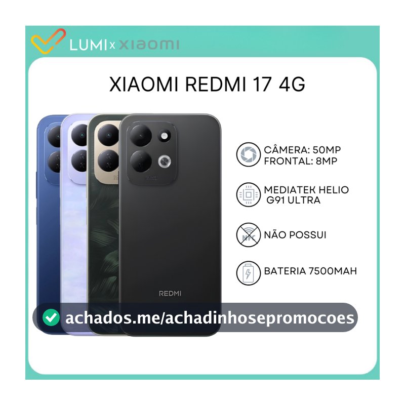 Xiaomi Redmi 17 4G, Versão global,128/256GB com 4/6GB RAM Processador MediaTek Hélio G91 Ultra, Bateria 7500mAh