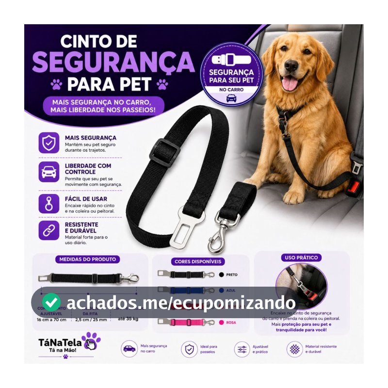 Cinto de Segurança Pet Ajustável para Carro Nylon Reforçado Cães Gatos 16 a 70cm até 35kg