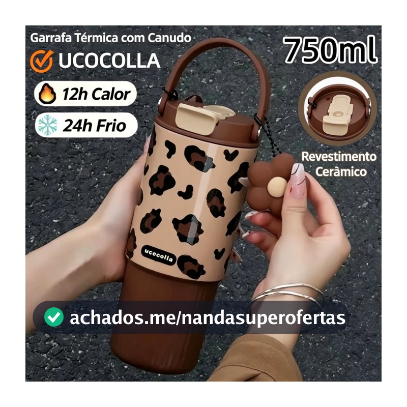 UCOCOLLA Copo Térmico Portátil Aço Inox Garrafa Térmica Tampa Antivazamento Com Canudo 750ml Quente e Frio Com Pingente
