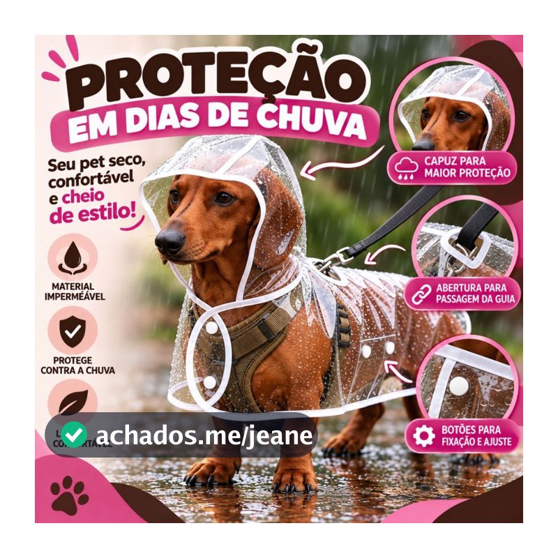 Capa de Chuva para Cachorro Impermeável com Capuz Ajustável com Botões Abertura Guia Proteção Chuva