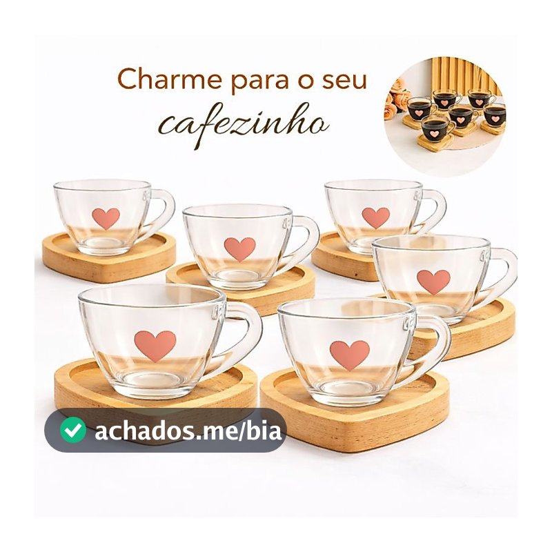Jogo de Xícaras de Café com Pires de Madeira Coração Cantinho do Café Kit Presente Feminino