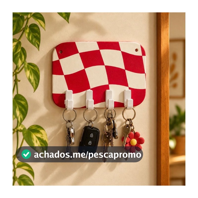 Porta-Chaves de Parede em Cerâmica com 4 Ganchos | Organizador de Chaves Artesanal Xadrez