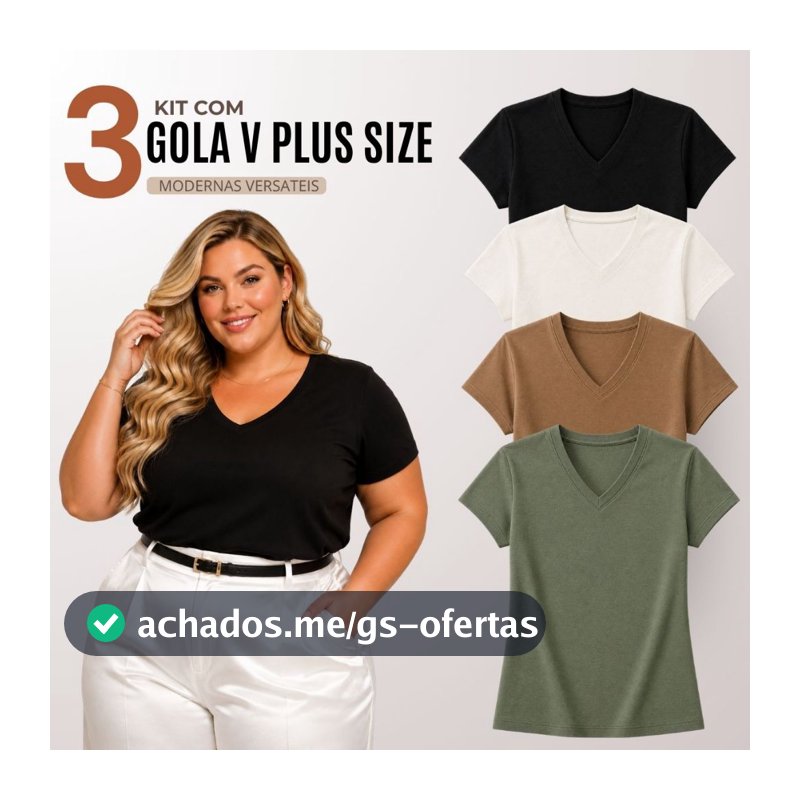 Kit 3 Blusas Feminina Plus Size Gola V Básica Casual - H00