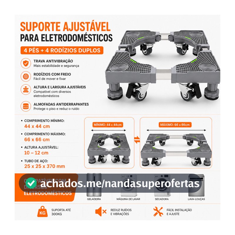 Base Móvel Ajustável para Máquina de Lavar e Geladeira com Rodízios