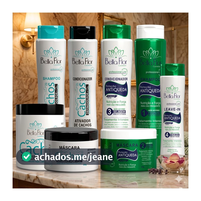 2 Kits Capilares Combo Cachos + Anti-Queda 8 Produtos Bella Flor Definição Anti-Frizz Tratamento Capilar