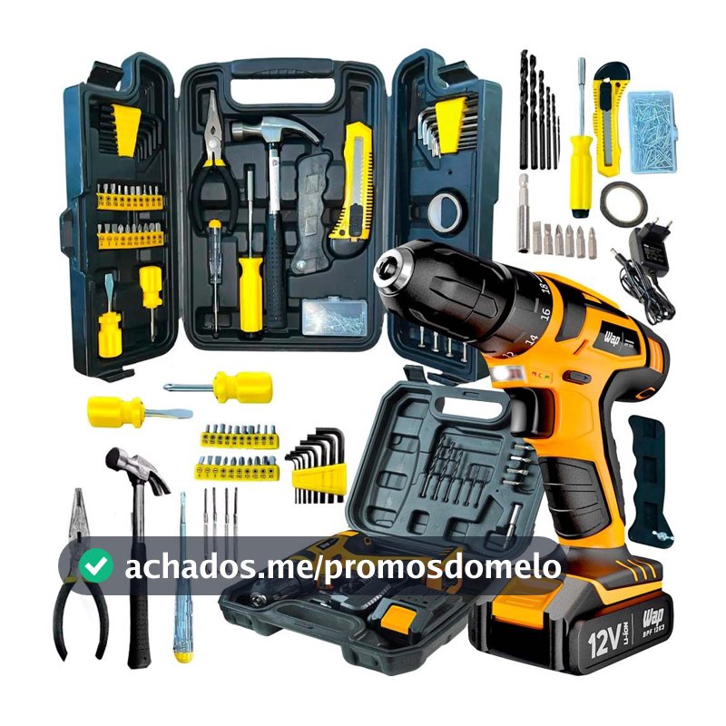 Kit Ferramentas Parafusadeira e Furadeira a Bateria WAP 12K3 e Maleta com Jogo de 200 Peça Titanium