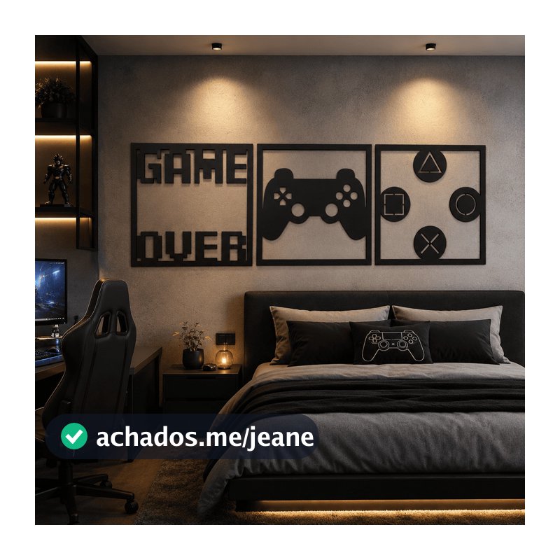 Kit 3 Quadros Gamer MDF Preto 3mm Decoração Para Parede Quarto Sala Controle Símbolos Game Over Moderno