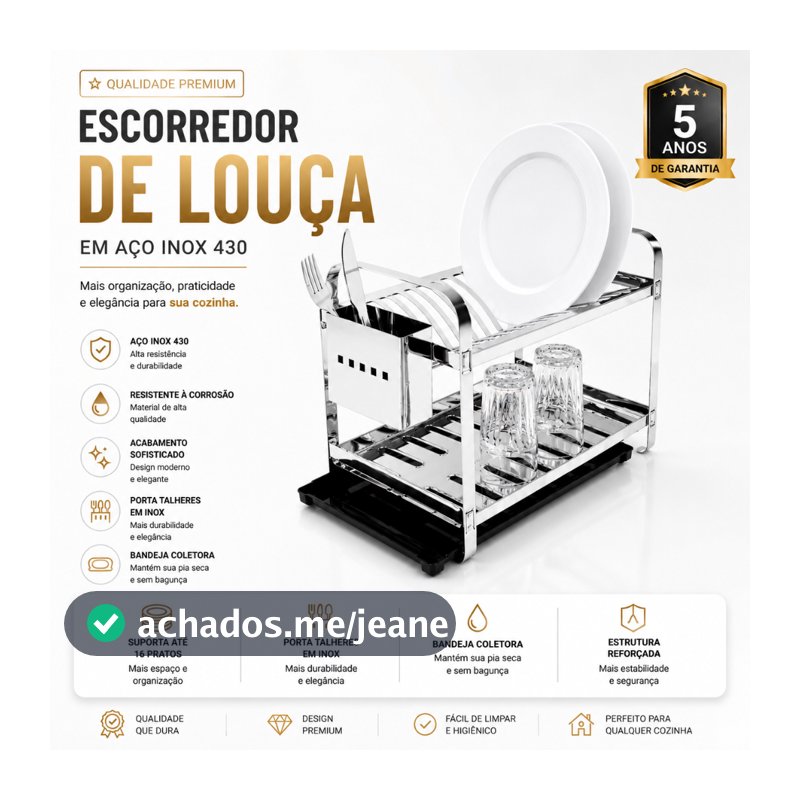 Escorredor Inox 16 Pratos Secador Louca Porta Talheres Inox Mais Bandeja Coletora