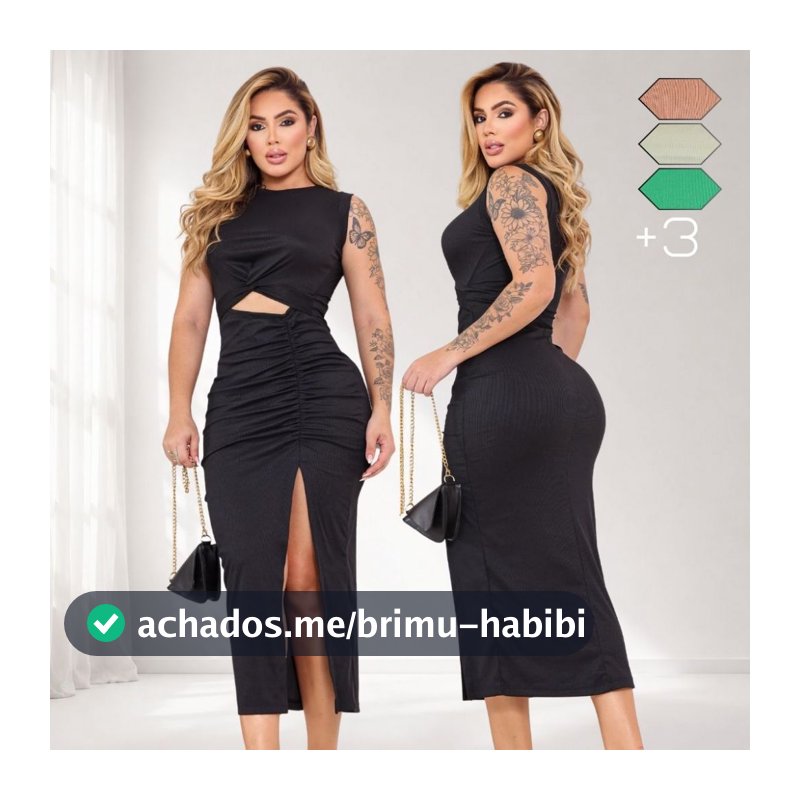 Vestido Fenda Recorte Frontal Midi Tubinho Regata Gola Redonda Colado Feminino Elegante Moda Casual