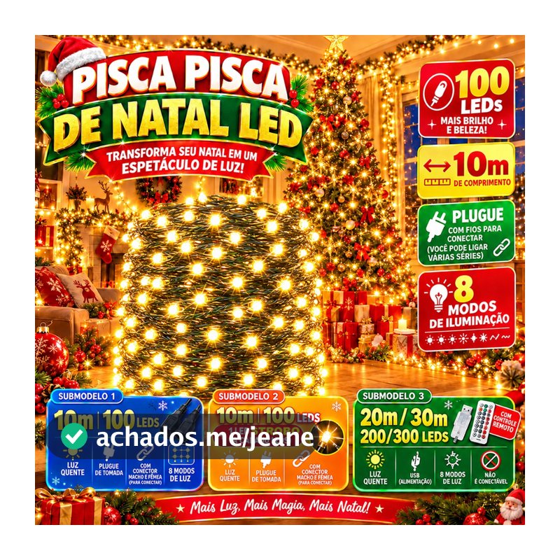 Pisca Pisca Natal c/s Strobo 10/20/30 Metros 100/200/300 LEDs Luz Quente à Prova d'Água Decoração para Interna e Externa