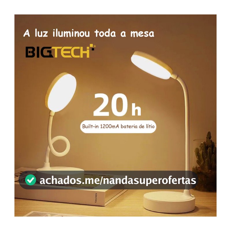 Luminária Abajur de Mesa LED Luz Recarregável Touch Haste Flexível Lâmpada De Estudo Sem Fio BigTech