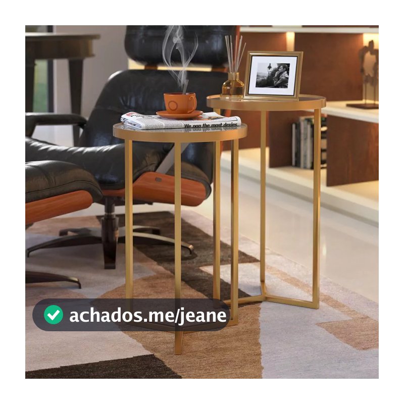 Kit 2 Mesas para Decoração de Sala Apoio Lateral Dourada - Metal Dourada com Tampo Espelhado