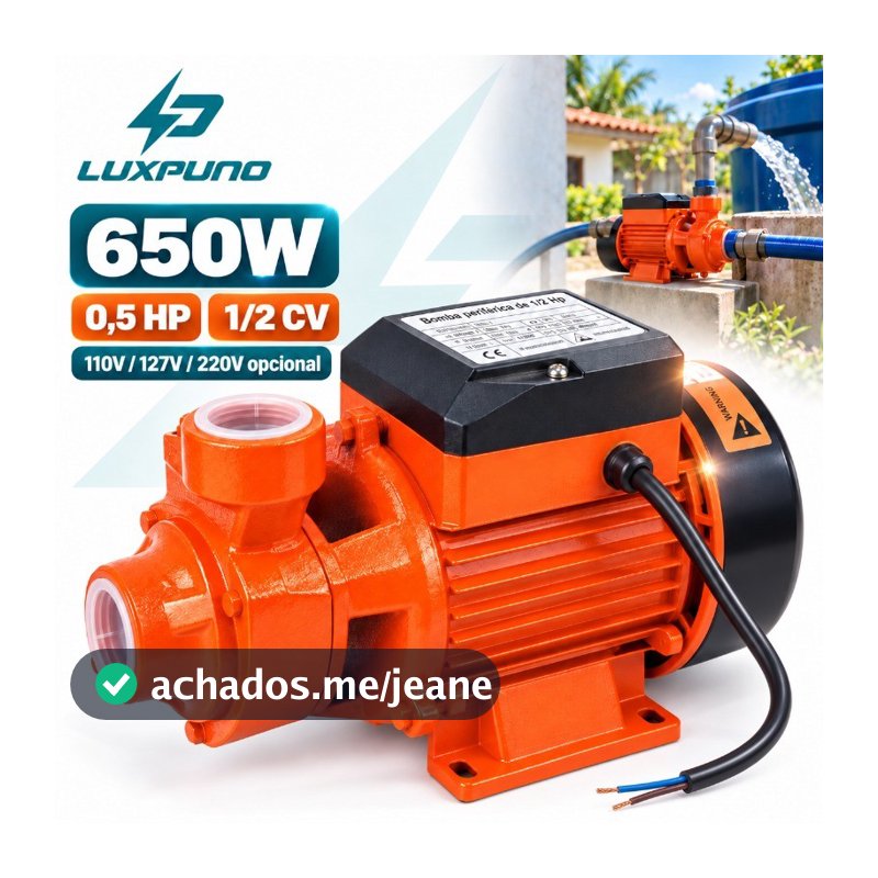 Bomba d'Água Periférica 650W 0,5 HP 1/2 CV 110V/127V/220V para Poço Caixa d'Água Jardim Irrigação Residencial