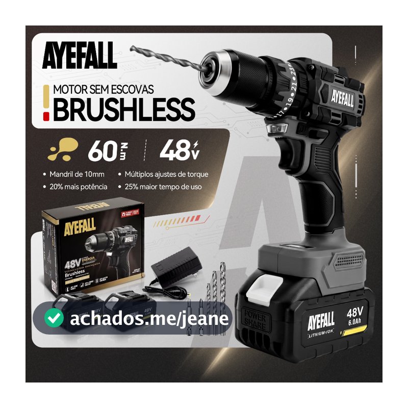 Parafusadeira Furadeira De Impacto Brushless 48V Sem Fio Kit Com 2 Baterias Brocas E Acessórios