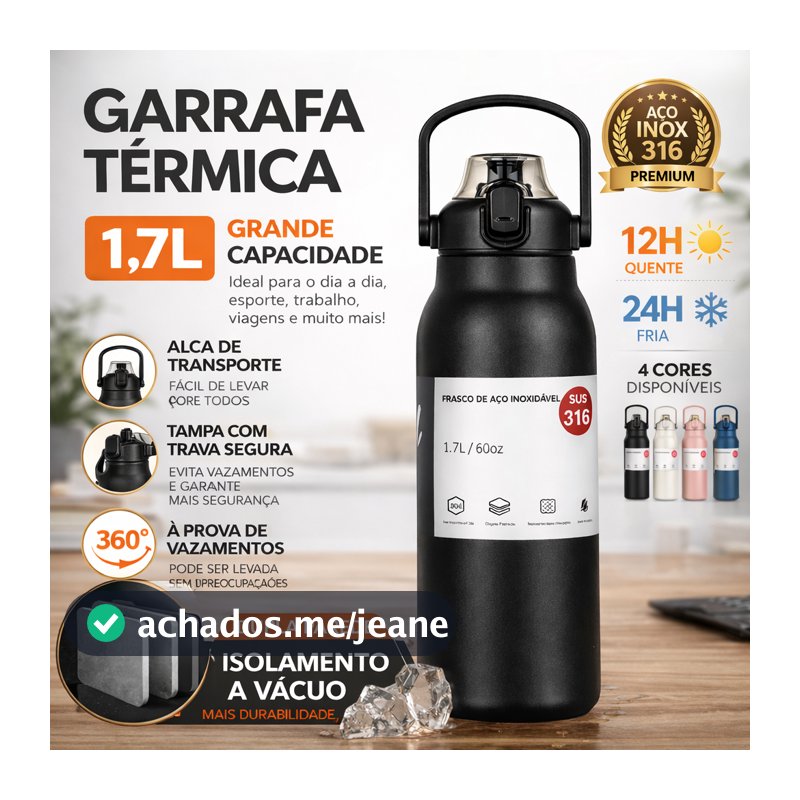 Garrafa 1700, 900ml Térmica Prática Versátil Aço Inoxidável Com Alça Transporte Fácil Confortável