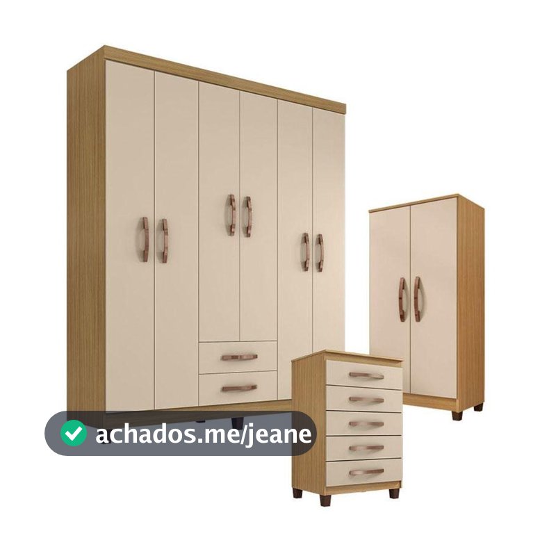 Guarda Roupa Casal Com Cômoda Cannes 5 Gavetas E Armário Multiuso Carvalho Off White Incorplac