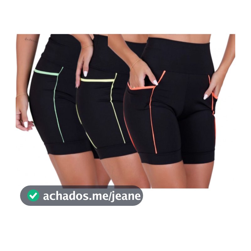 Kit com 3 Bermudas Fitness Cós Alto Refletiva de Corrida e Academia de Média Compressão com Bolsos