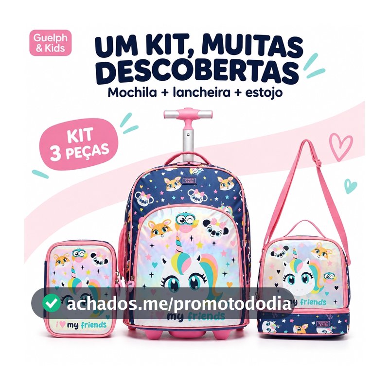 Guelph Kit Mochila Escolar Infantil de Rodinhas 3 Peças Rosa com Lancheira Térmica e Estojo 31L
