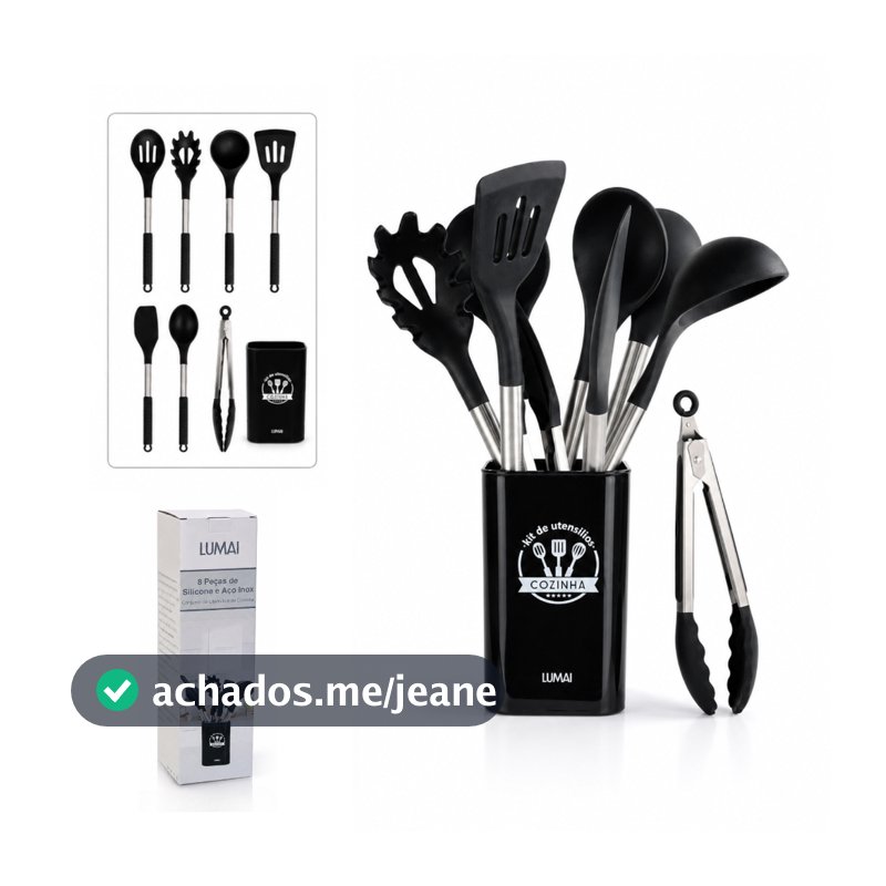 Lumai Kit Utensílios de Cozinha Silicone Cabo Inox 8 Peças Espátula Colher Concha Balde Berlim