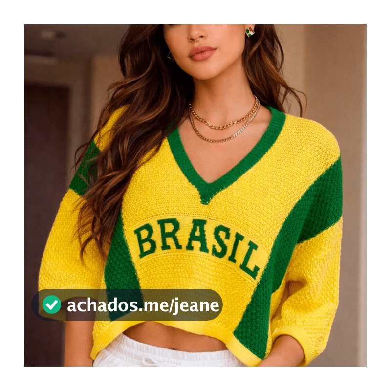 Blusa Feminina Cropped Manga 3 Quartos Brasil Copa Elegante Casual Tricot Básico