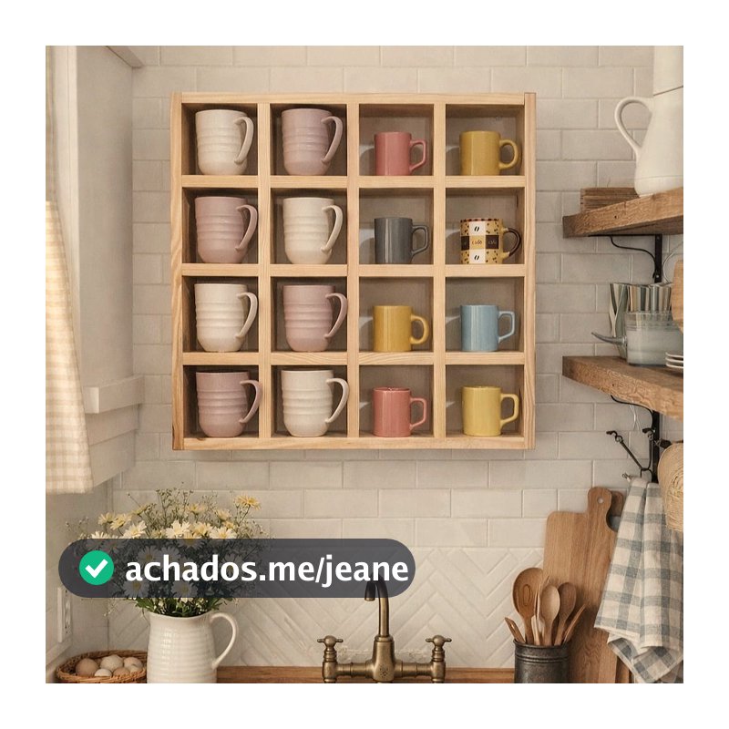 Porta Caneca de Parede Madeira Natural com 16 nichos( canecas médias e pequenas)
