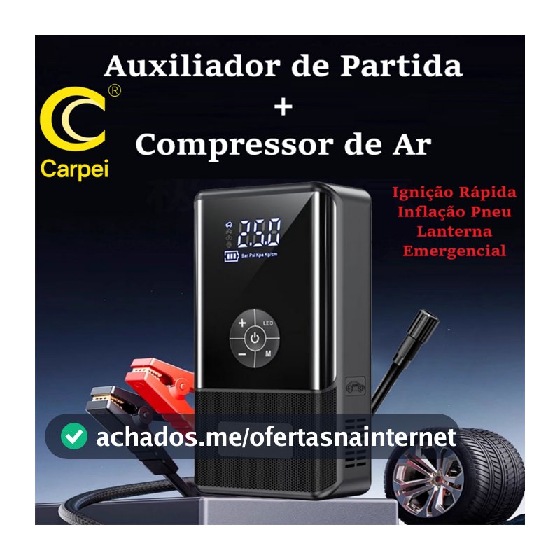 4 em 1 - Auxiliador Partida Compressor de Ar PowerBank Portátil Multifuncional Carregamento 12V
