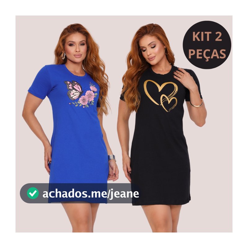 Kit 2 Vestido Camisão Feminino Camisetão Oversized 100% Algodão Soltinho T-Shirt Dress Casual