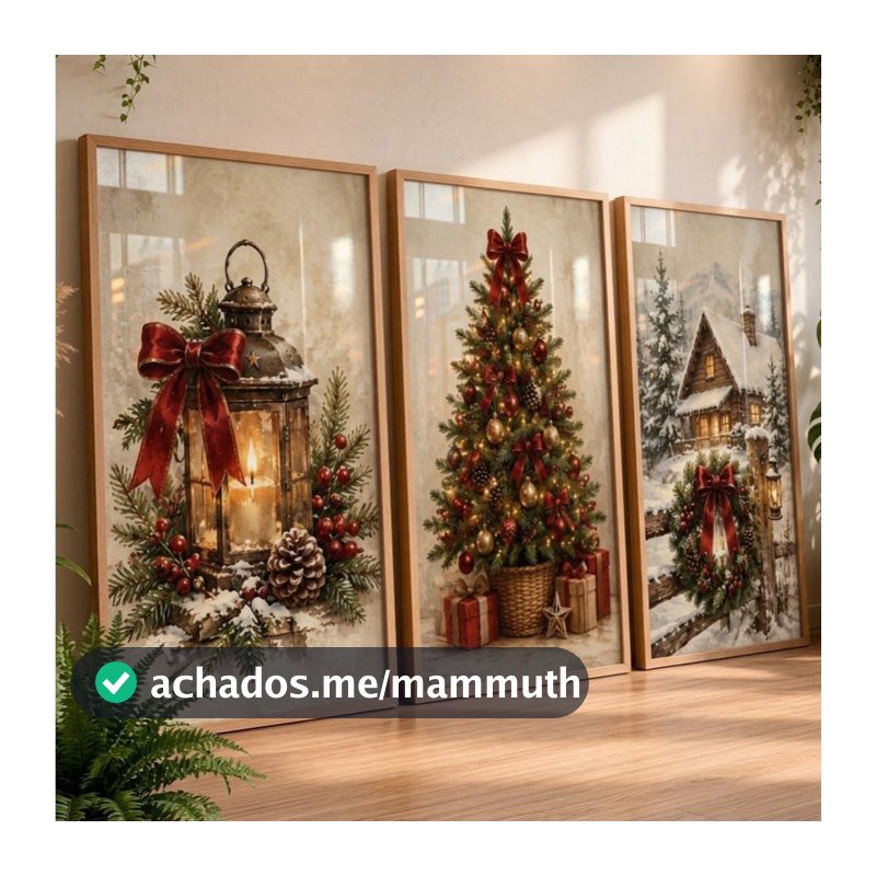 Kit 3 Quadros Decorativos Natal Vermelho e Dourado Árvore Guirlanda Decoração de Parede para Sala
