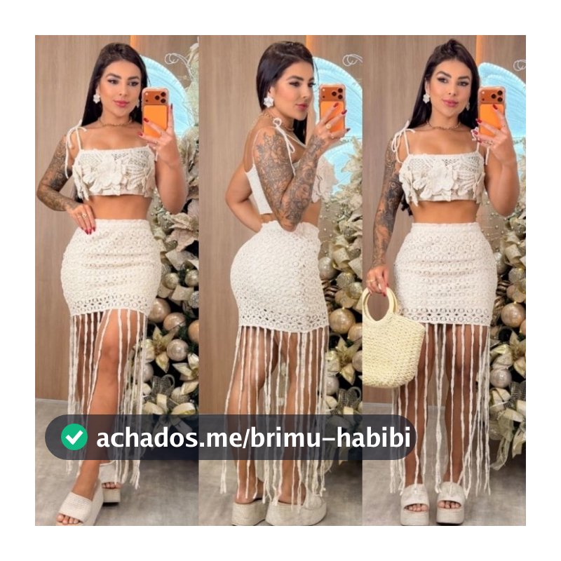 Conjunto em Crochê Top flor 3D de alcinhã e saia com franja,tamanho G máximo para veste 42