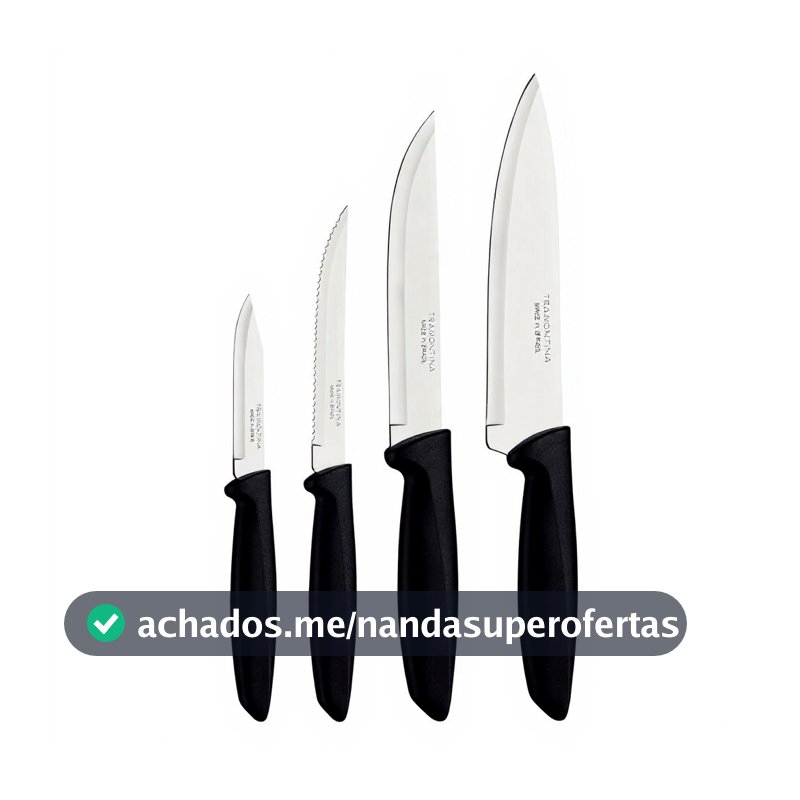 Jogo de Facas Tramontina Plenus Preto 4 Peças Original Aço Inox Faca Chef Churrasco Legumes Cozinha Cabo Polipropileno