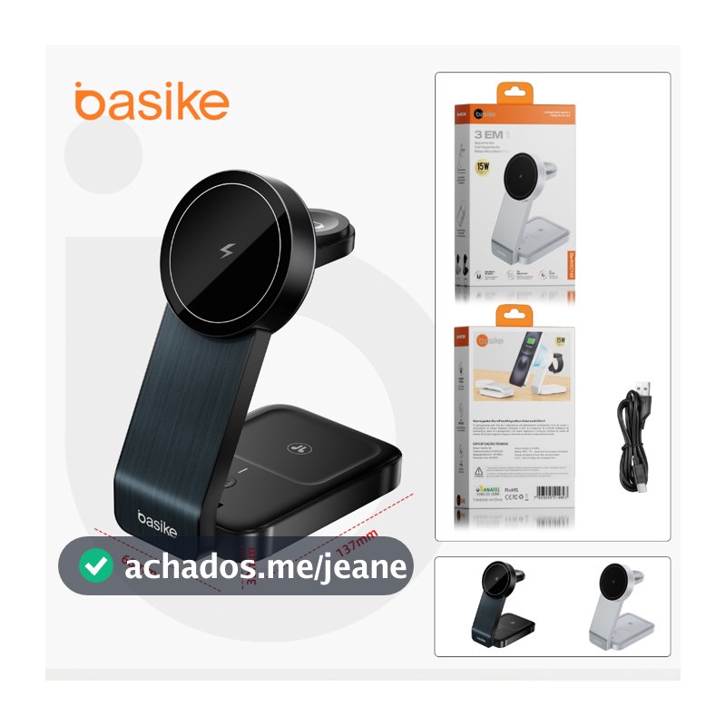 Basike Magnético Carregador Por Indução Sem Fio Wireless Carga Rápida 15w Para iPhone Android 3x1 Cor